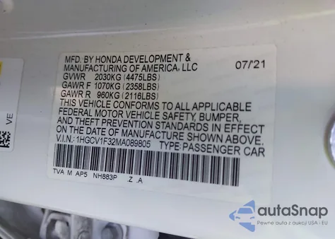 2021 Honda Accord Sport from USA, damaged, VIN 1HGCV1F32MA089805